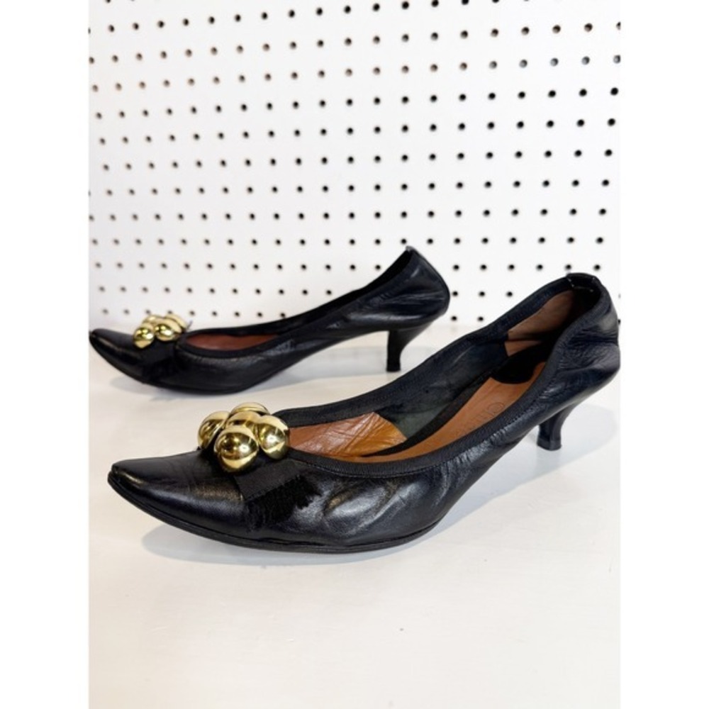 Chloe | Y2K Black Leather Pointed Toe Kitten Heels Gold Bauble Fringed Ribbon
